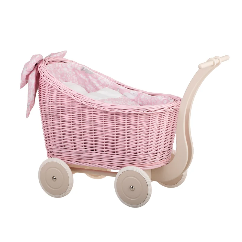 Luna wicker doll pram with pink trim, blanket and pillow TheWickerStories