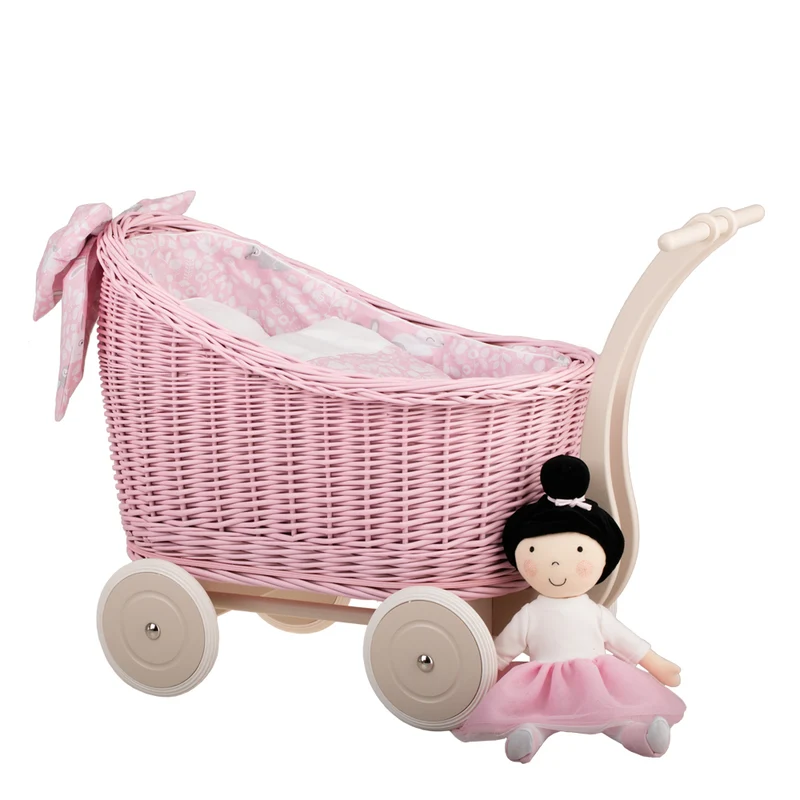 Luna wicker doll pram with pink trim, blanket and pillow TheWickerStories