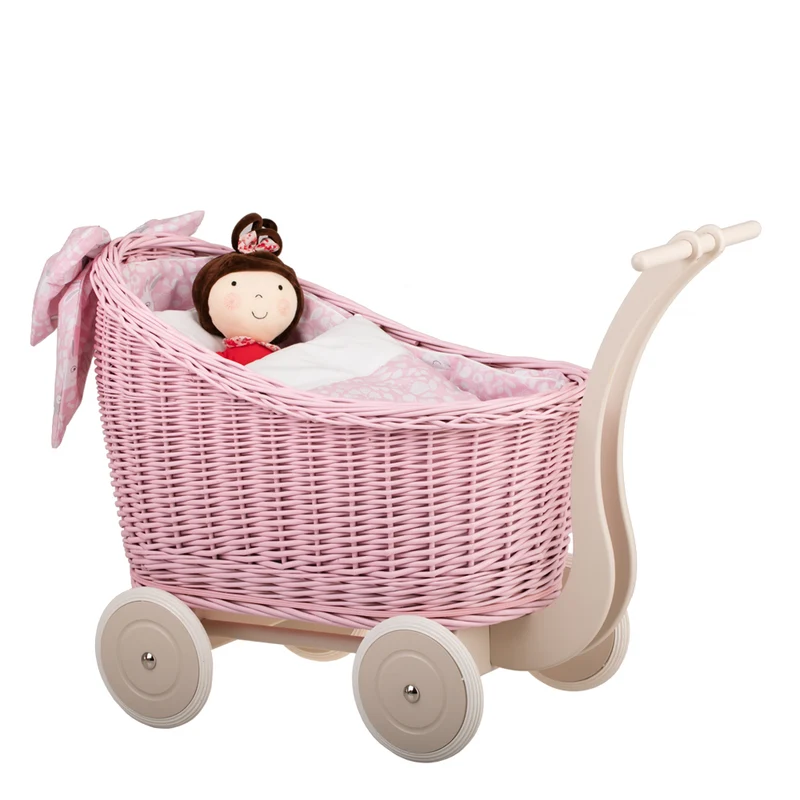 Luna wicker doll pram with pink trim, blanket and pillow TheWickerStories