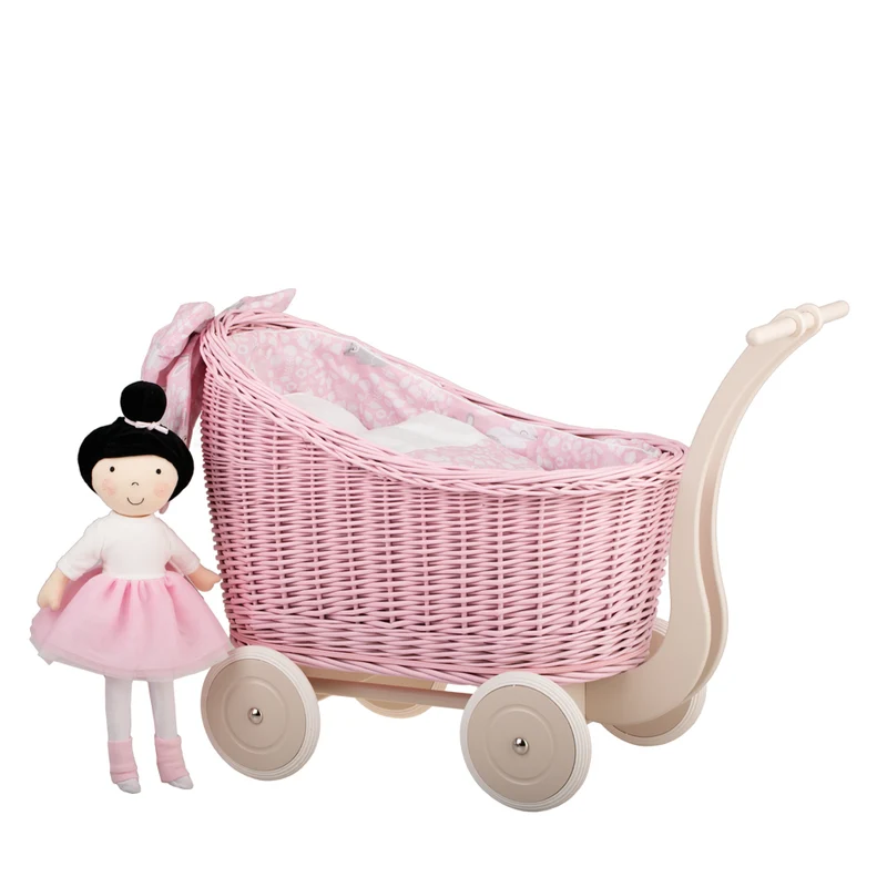Luna wicker doll pram with pink trim, blanket and pillow TheWickerStories