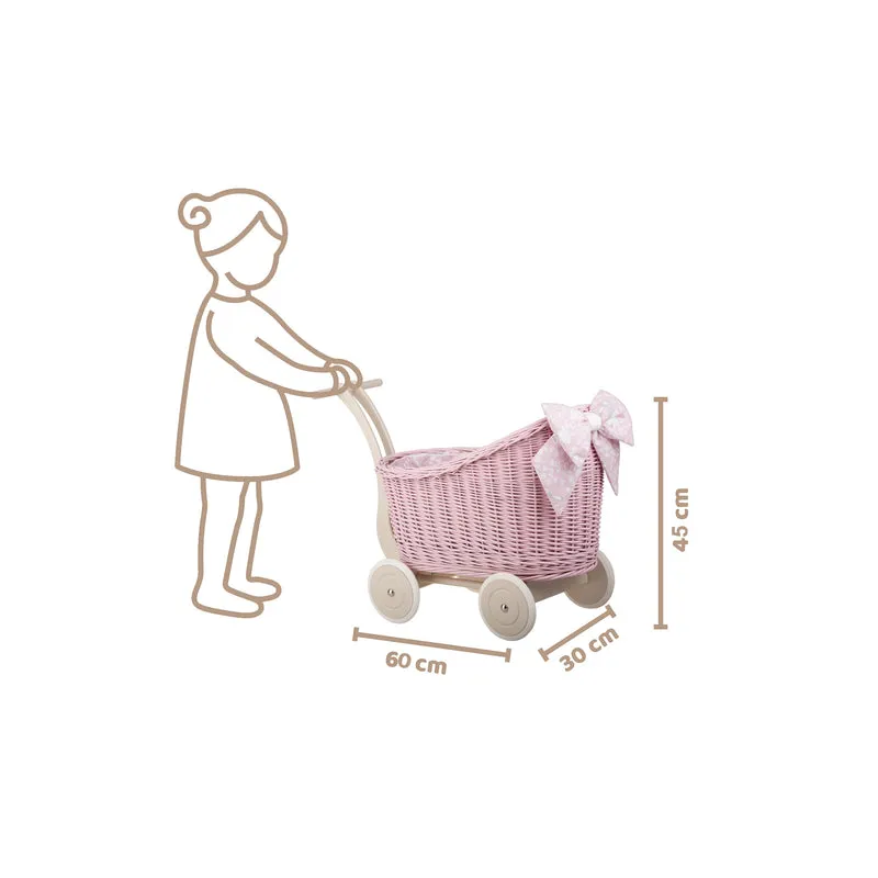 Luna wicker doll pram with pink trim, blanket and pillow TheWickerStories