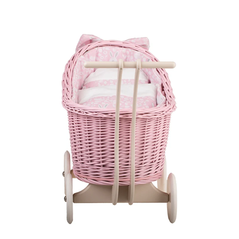 Luna wicker doll pram with pink trim, blanket and pillow TheWickerStories