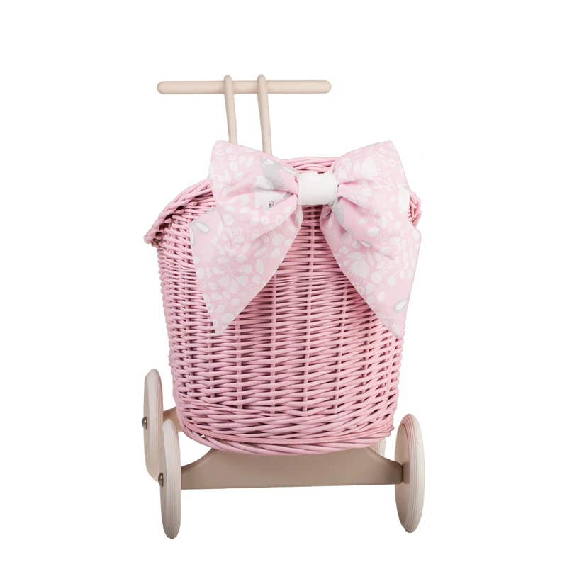 Luna wicker doll pram with pink trim, blanket and pillow TheWickerStories