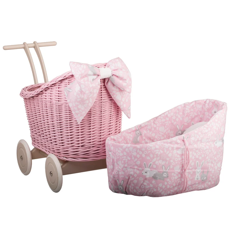 Luna wicker doll pram with pink trim, blanket and pillow TheWickerStories