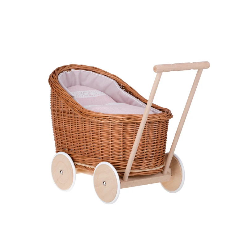 Luna wicker doll stroller with pink trim, quilt and pillow TheWickerStories