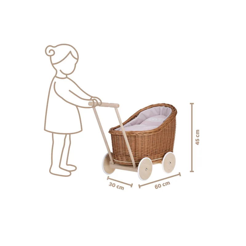 Luna wicker doll stroller with pink trim, quilt and pillow TheWickerStories