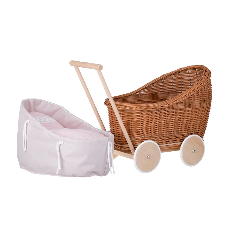 Luna wicker doll stroller with pink trim, quilt and pillow TheWickerStories