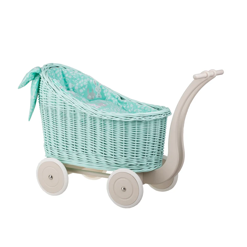 Luna wicker doll stroller with mint trim, blanket and pillow TheWickerStories