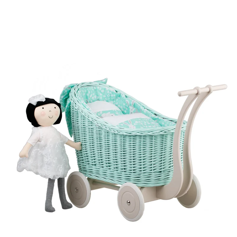 Luna wicker doll stroller with mint trim, blanket and pillow TheWickerStories