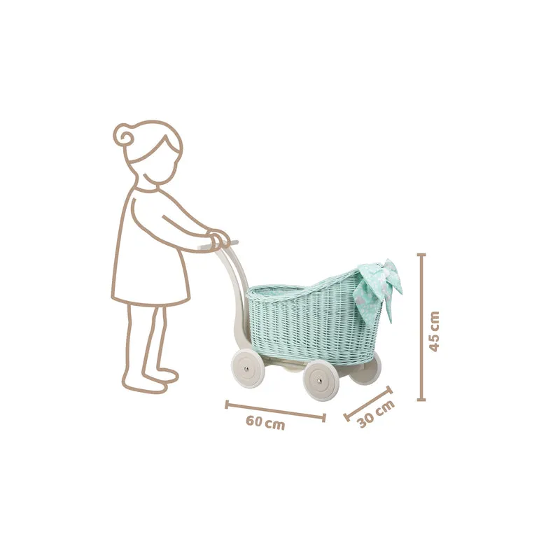 Luna wicker doll stroller with mint trim, blanket and pillow TheWickerStories