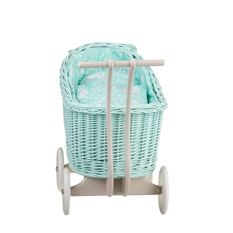 Luna wicker doll stroller with mint trim, blanket and pillow TheWickerStories