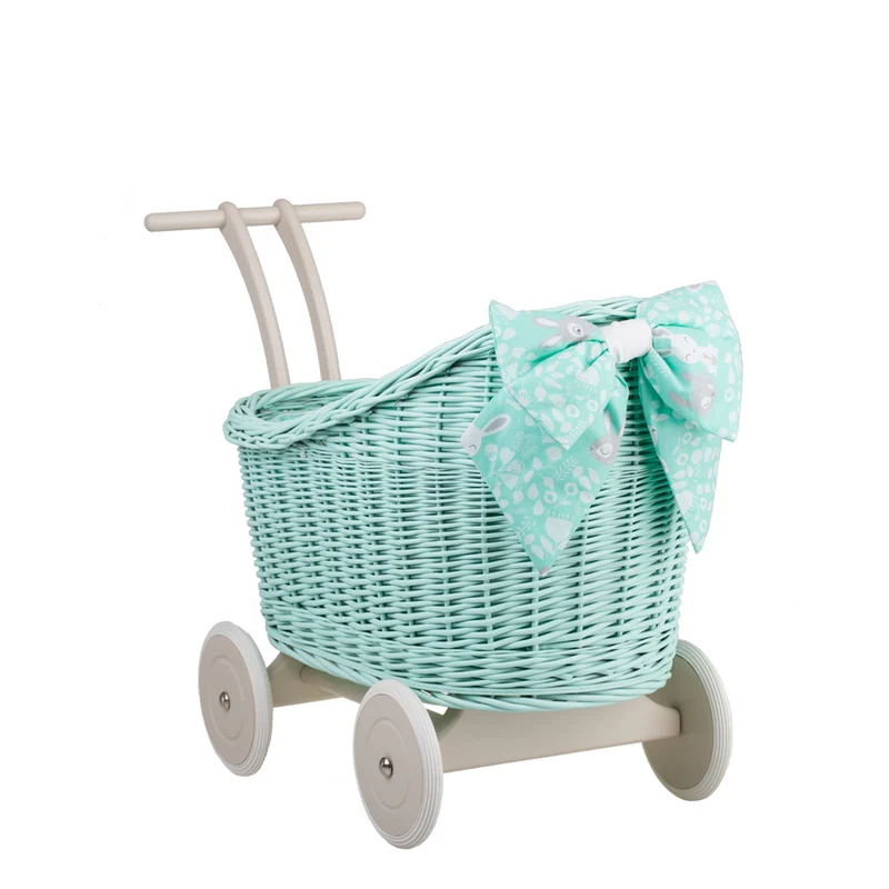 Luna wicker doll stroller with mint trim, blanket and pillow TheWickerStories