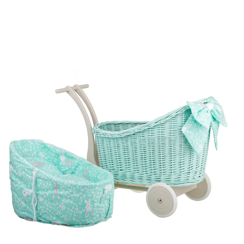Luna wicker doll stroller with mint trim, blanket and pillow TheWickerStories