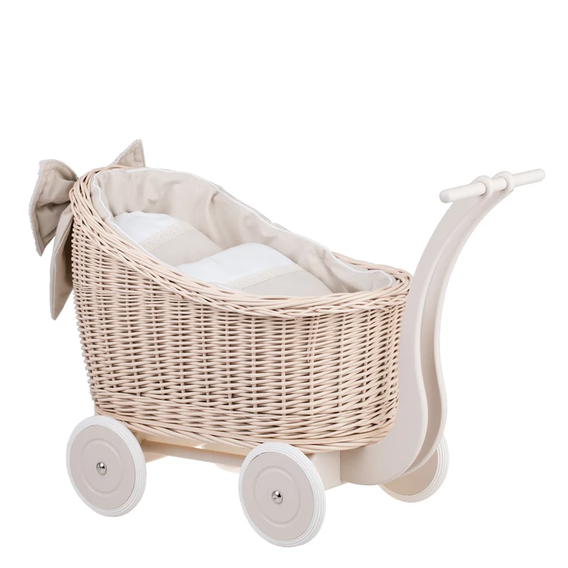 Luna wicker doll stroller with beige trim, quilt and pillow TheWickerStories