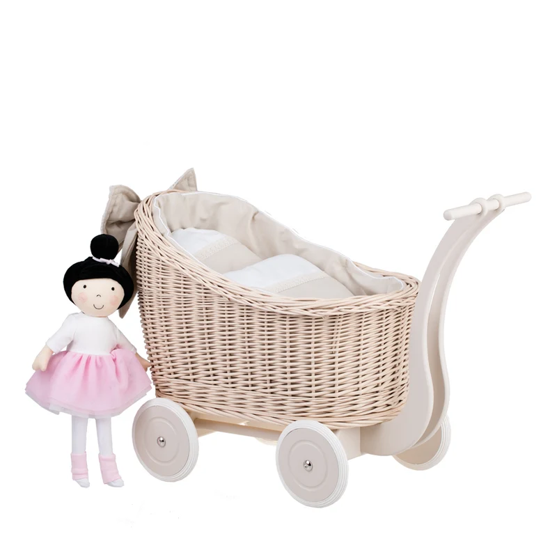 Luna wicker doll stroller with beige trim, quilt and pillow TheWickerStories