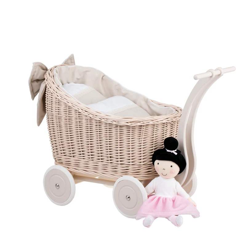 Luna wicker doll stroller with beige trim, quilt and pillow TheWickerStories