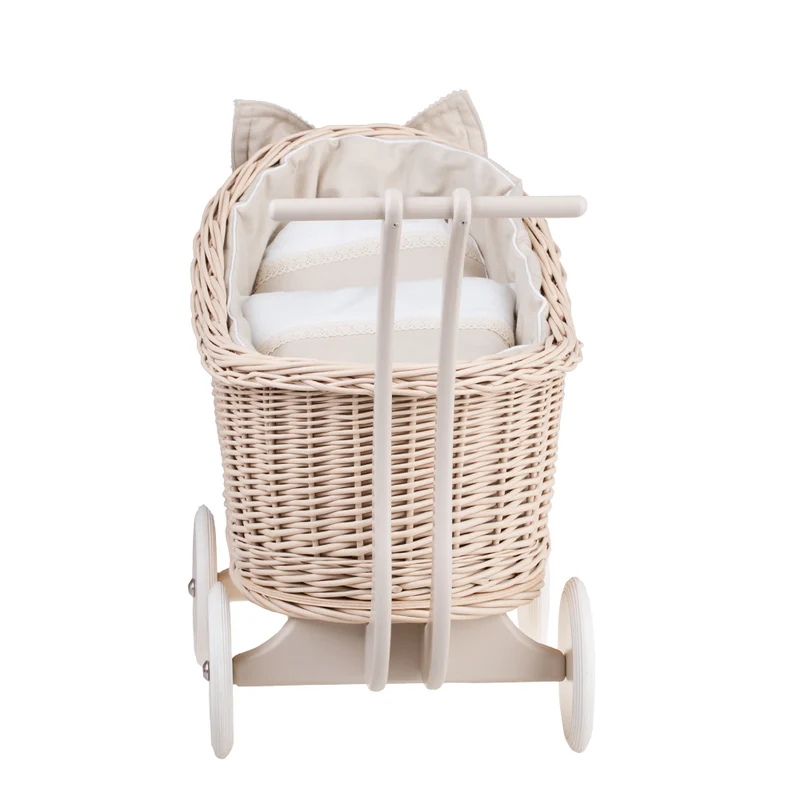 Luna wicker doll stroller with beige trim, quilt and pillow TheWickerStories