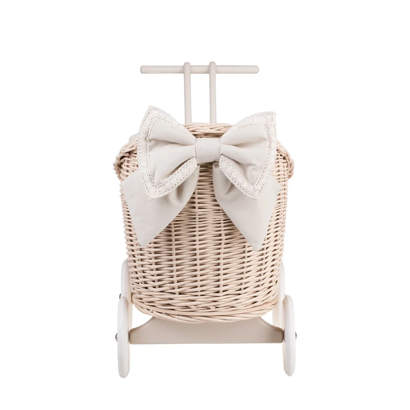 Luna wicker doll stroller with beige trim, quilt and pillow TheWickerStories