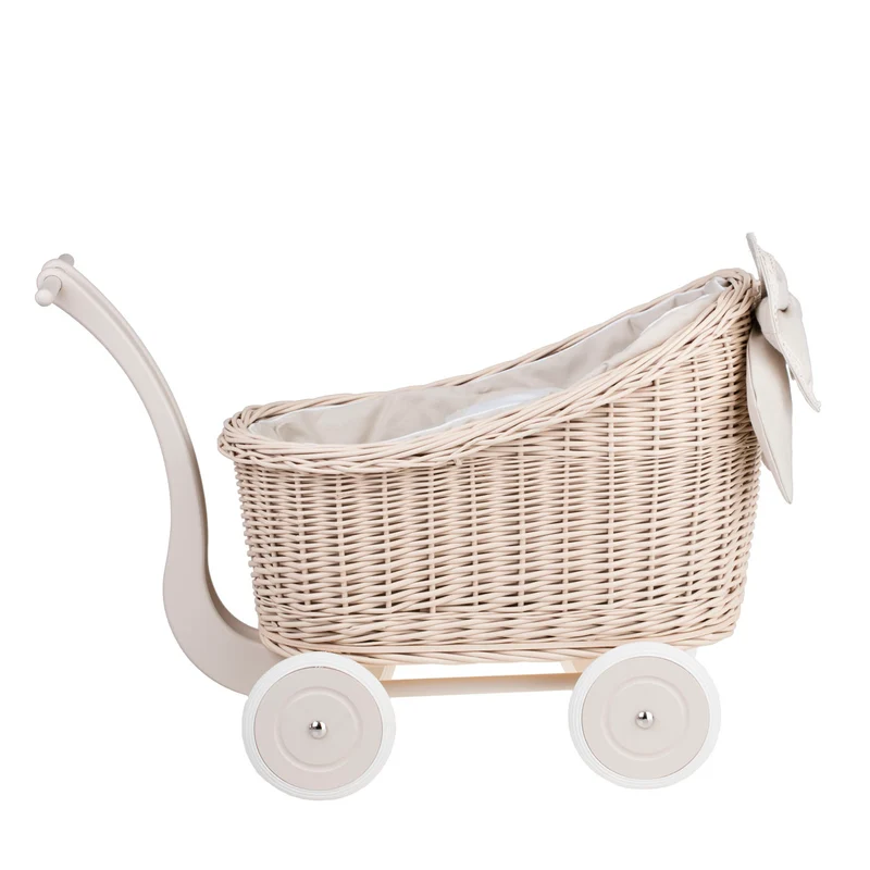 Luna wicker doll stroller with beige trim, quilt and pillow TheWickerStories