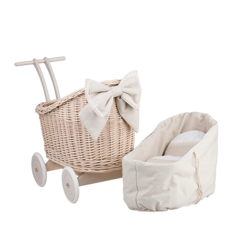 Luna wicker doll stroller with beige trim, quilt and pillow TheWickerStories