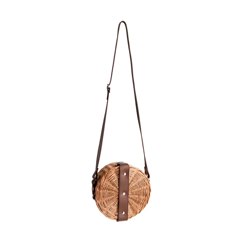 Rivora wicker shoulder bag with trim, flap, leather strap, and metal clasp TheWickerStories