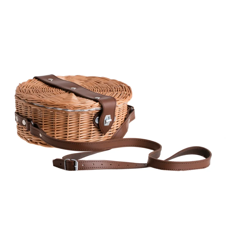 Rivora wicker shoulder bag with trim, flap, leather strap, and metal clasp TheWickerStories