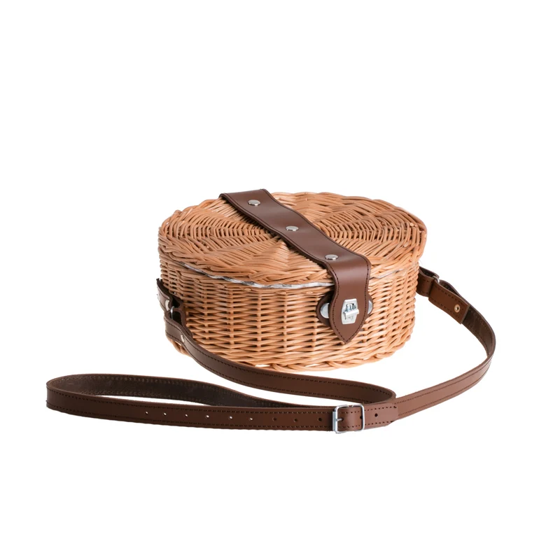 Rivora wicker shoulder bag with trim, flap, leather strap, and metal clasp TheWickerStories