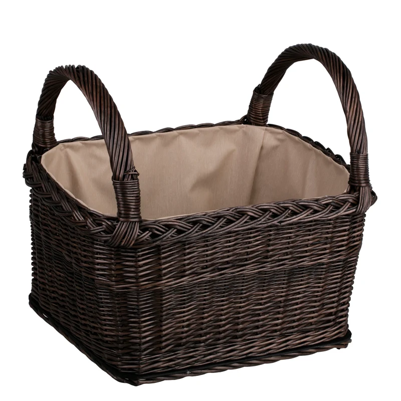 Fioras wicker firewood basket with beige trim and handles TheWickerStories