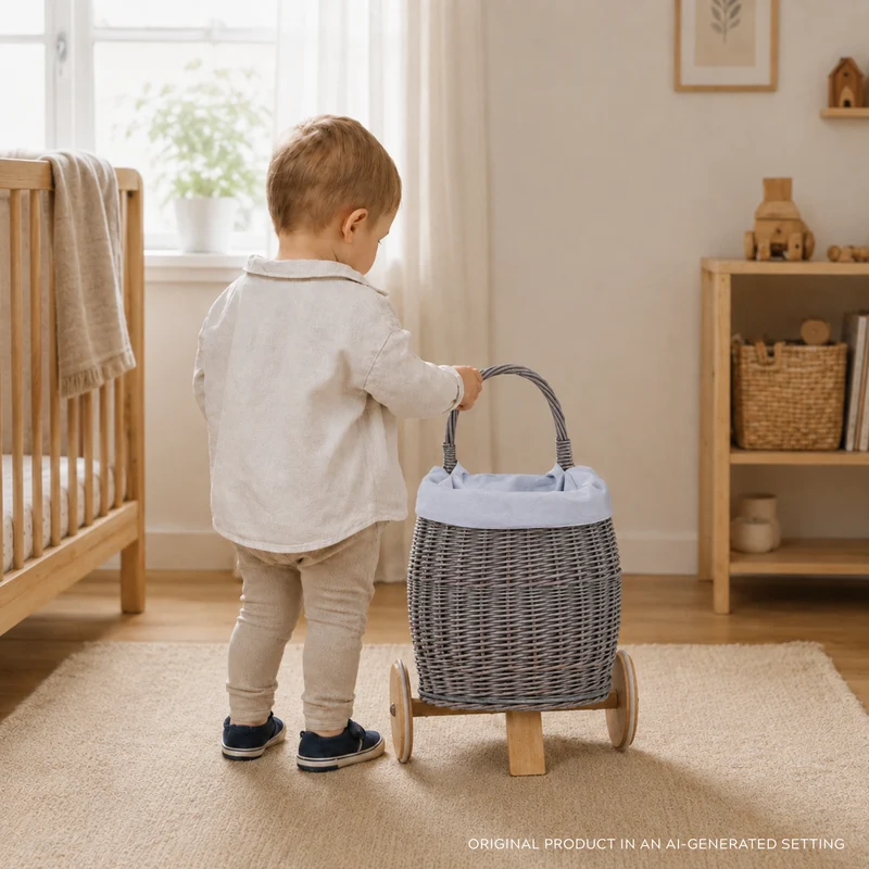Luke wicker push cart for dolls and toys with blue trim, with handle and wooden wheels TheWickerStories