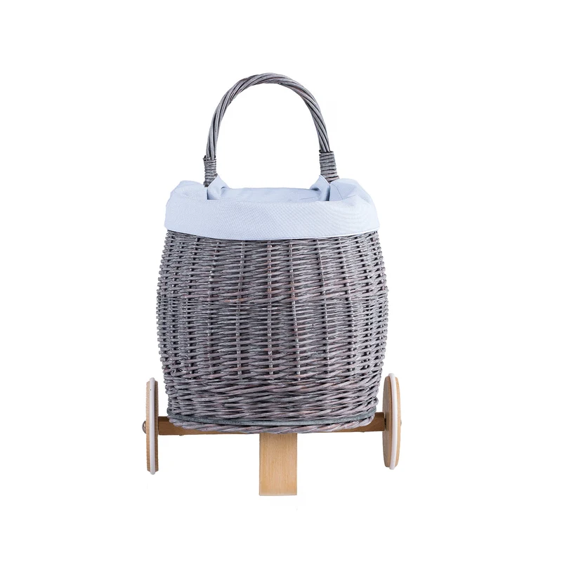Luke wicker push cart for dolls and toys with blue trim, with handle and wooden wheels TheWickerStories