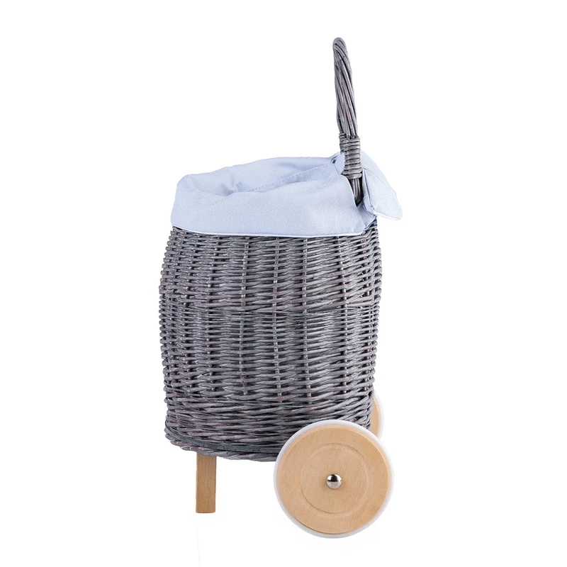 Luke wicker push cart for dolls and toys with blue trim, with handle and wooden wheels TheWickerStories