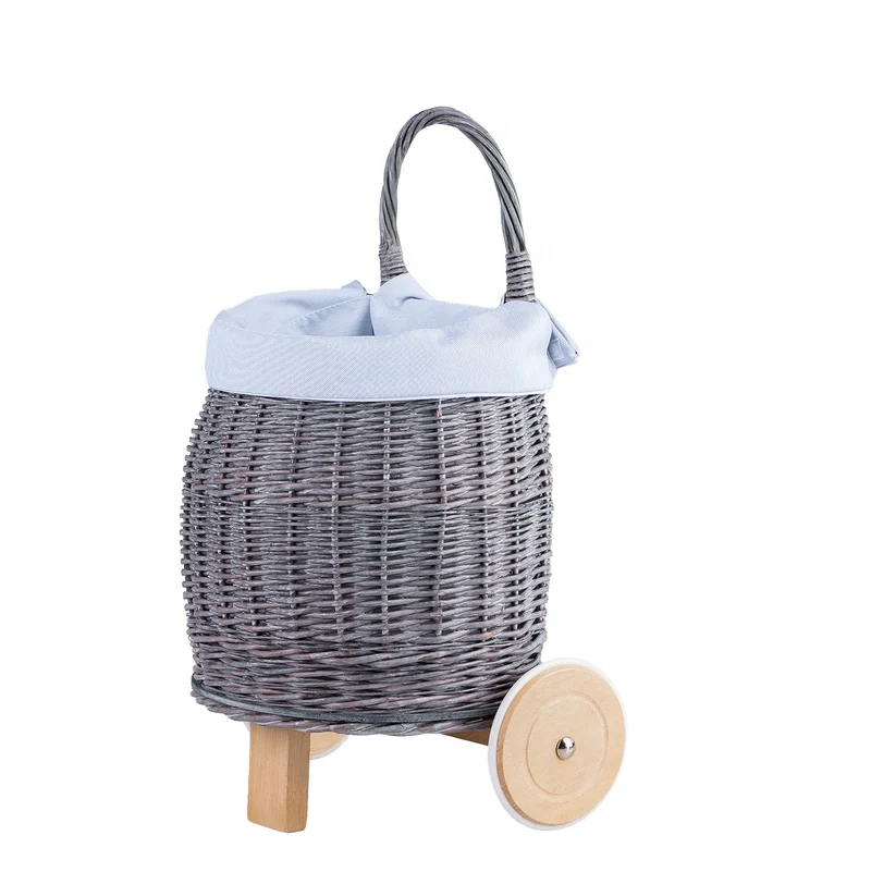 Luke wicker push cart for dolls and toys with blue trim, with handle and wooden wheels TheWickerStories