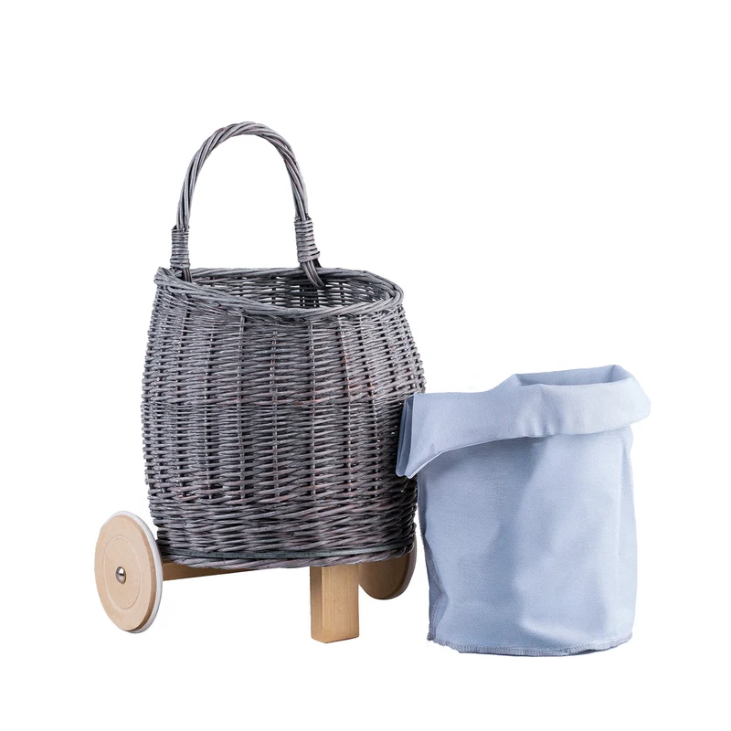 Luke wicker push cart for dolls and toys with blue trim, with handle and wooden wheels TheWickerStories