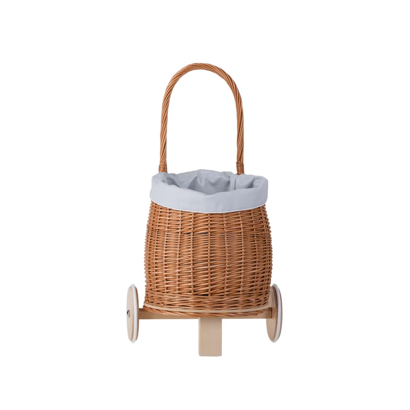 Luke wicker doll stroller with light blue trim, handle and wooden wheels TheWickerStories