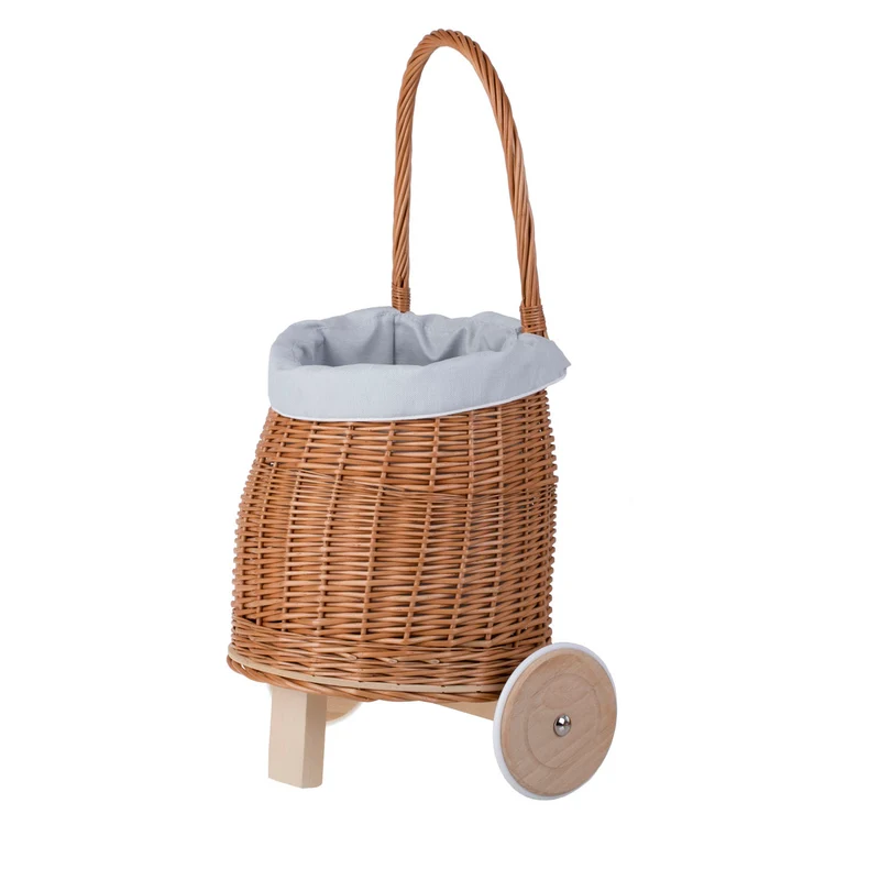 Luke wicker doll stroller with light blue trim, handle and wooden wheels TheWickerStories