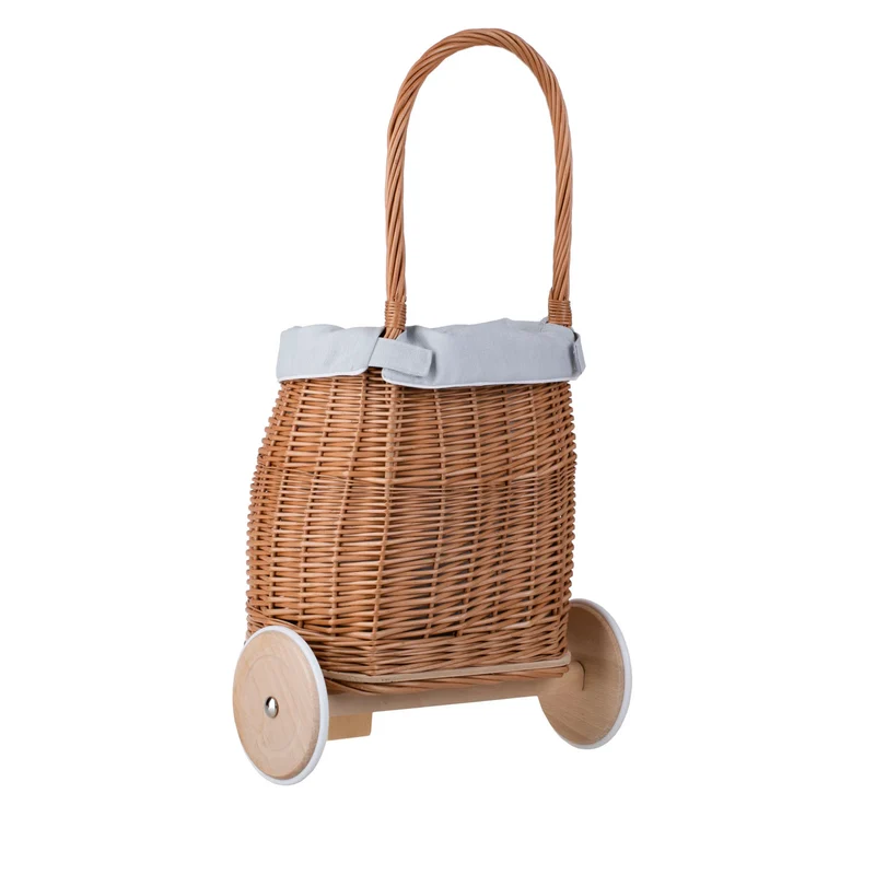 Luke wicker doll stroller with light blue trim, handle and wooden wheels TheWickerStories