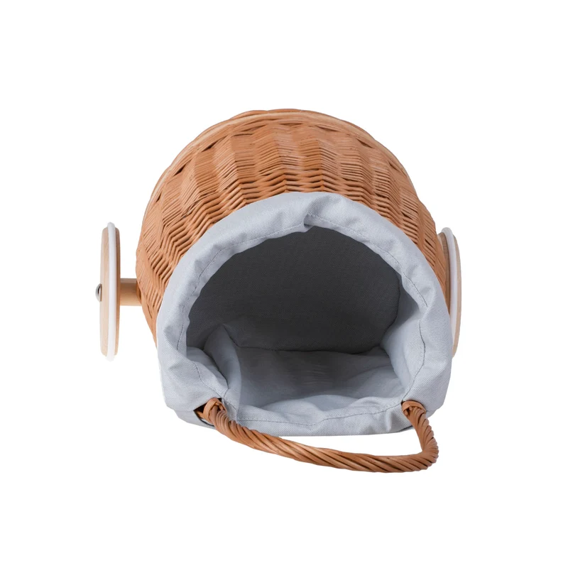Luke wicker doll stroller with light blue trim, handle and wooden wheels TheWickerStories