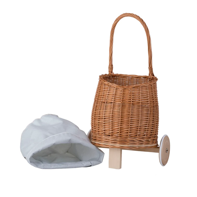 Luke wicker doll stroller with light blue trim, handle and wooden wheels TheWickerStories