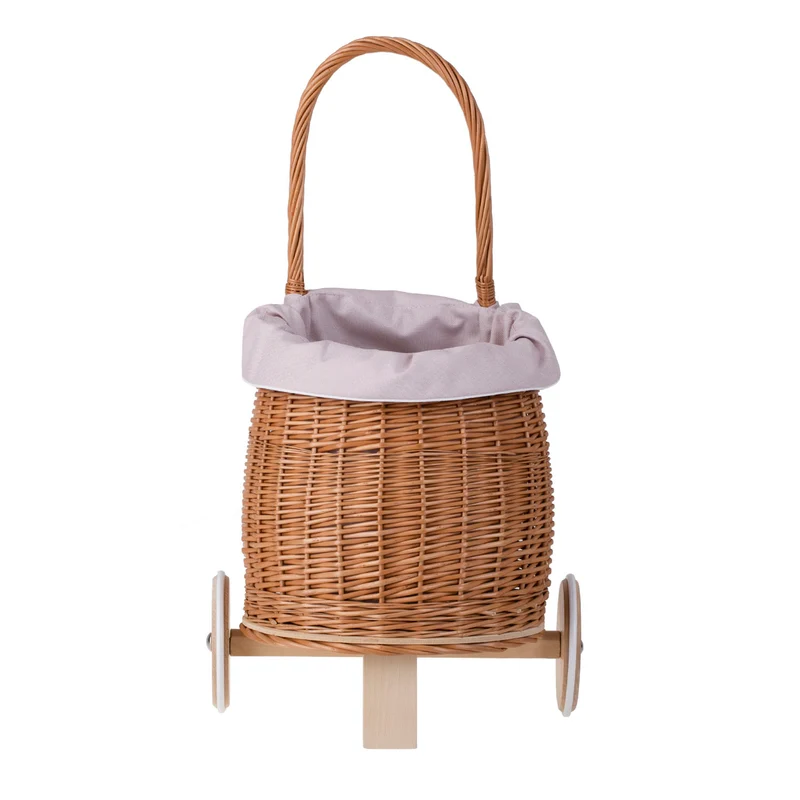 Luke wicker push walker for children with pink trim, handle and wooden wheels TheWickerStories