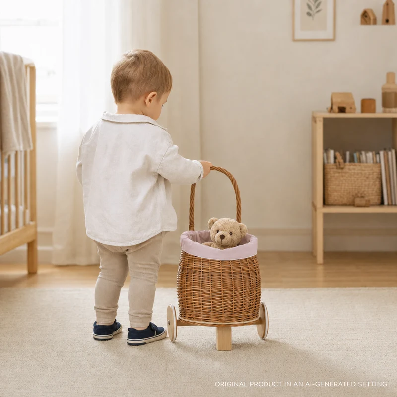 Luke wicker push walker for children with pink trim, handle and wooden wheels TheWickerStories