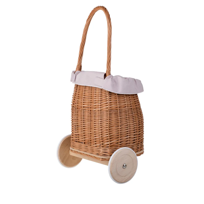 Luke wicker push walker for children with pink trim, handle and wooden wheels TheWickerStories