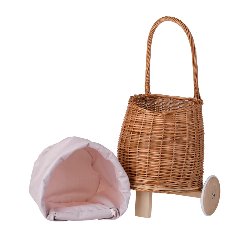 Luke wicker push walker for children with pink trim, handle and wooden wheels TheWickerStories