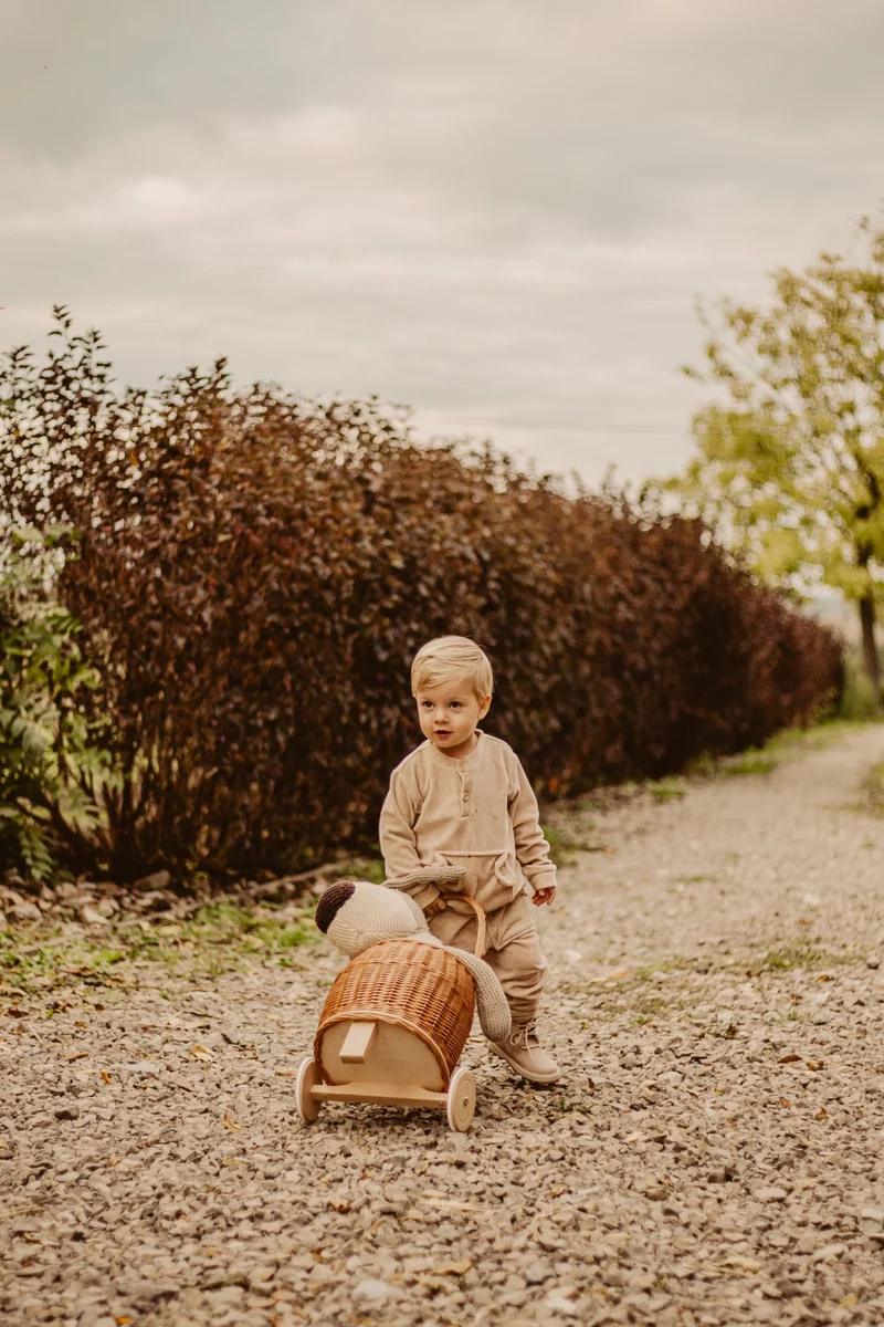 Luke wicker push walker for children with pink trim, handle and wooden wheels TheWickerStories