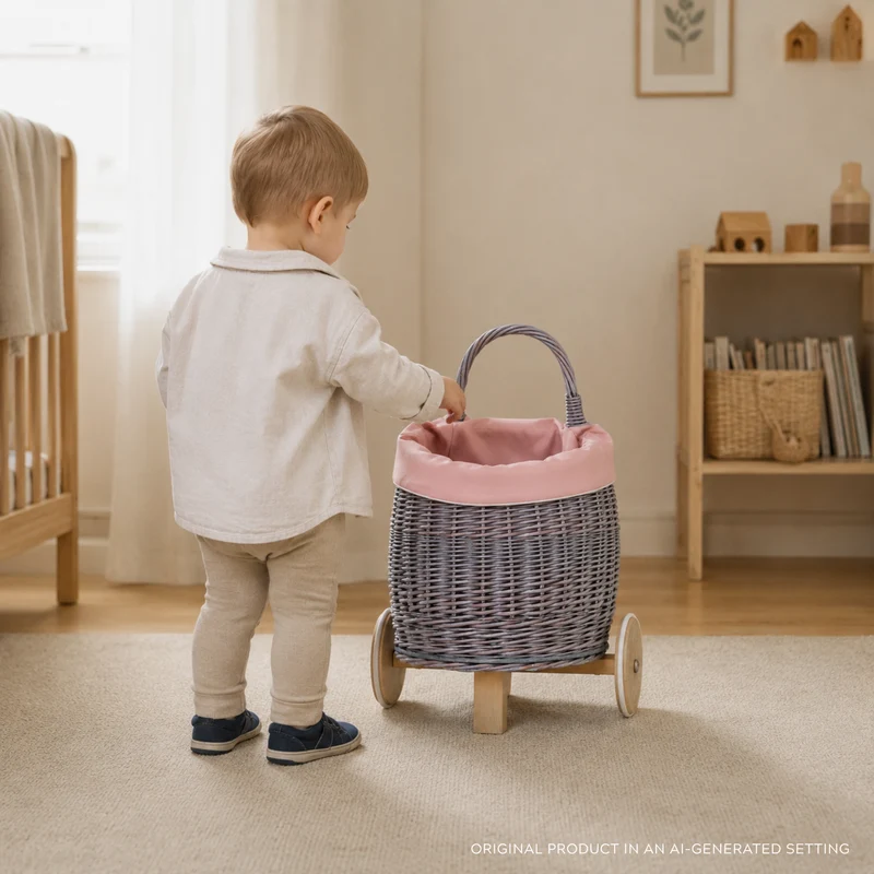 Luke wicker push-along doll pram with pink trim, handle and wooden wheels TheWickerStories