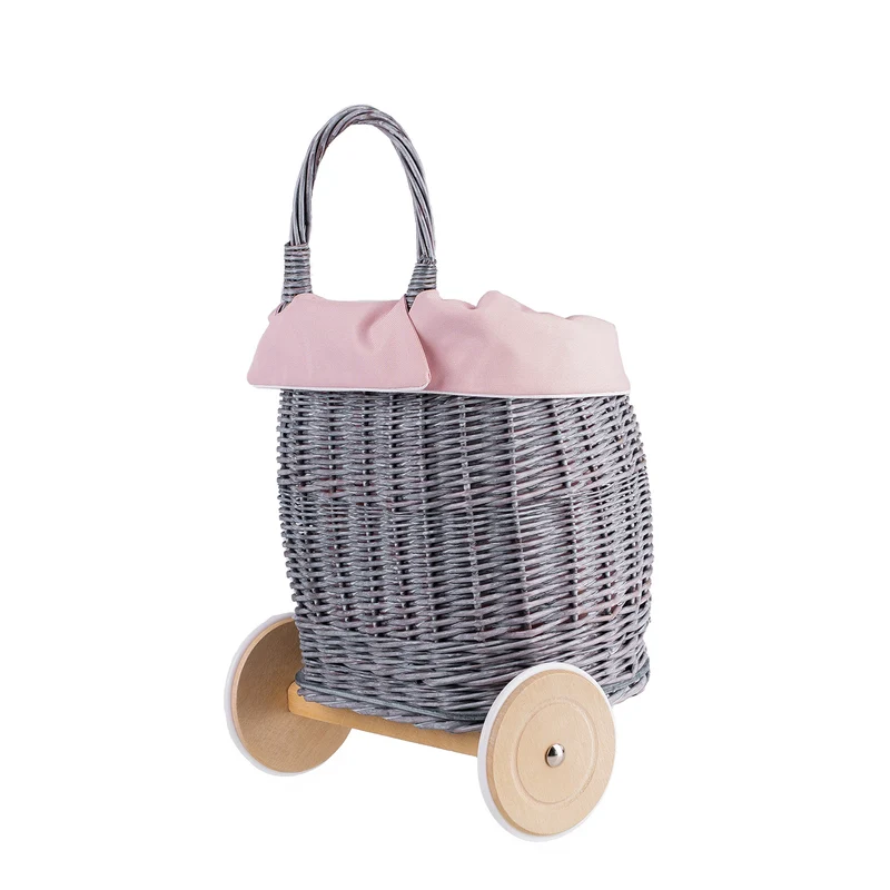 Luke wicker push-along doll pram with pink trim, handle and wooden wheels TheWickerStories