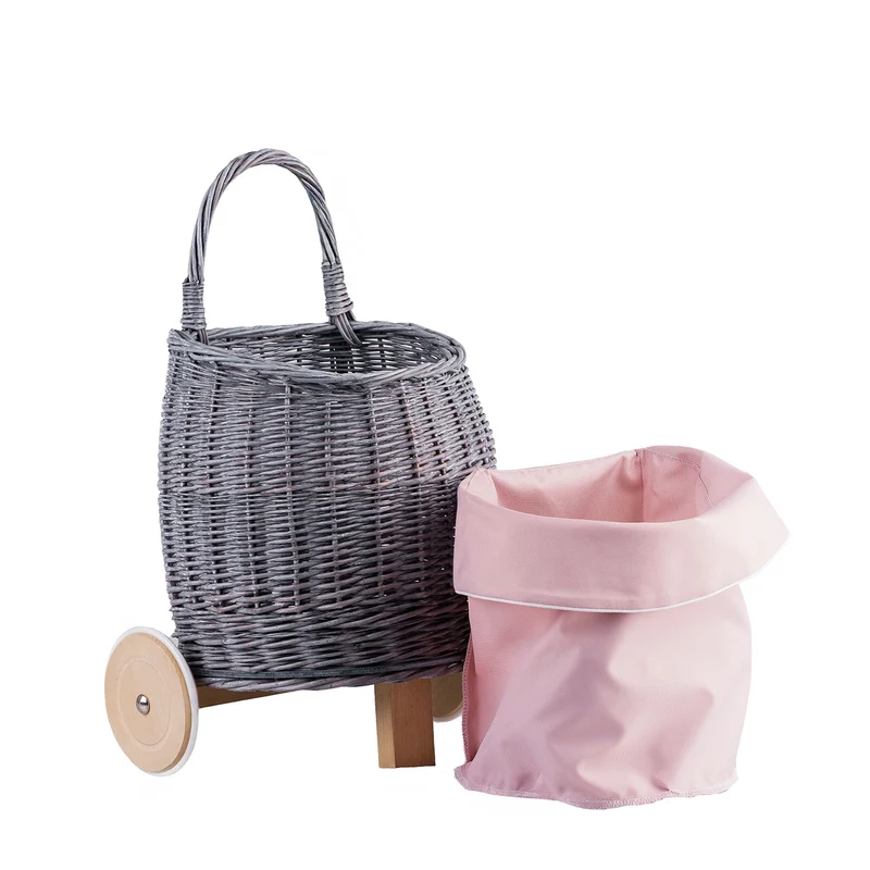 Luke wicker push-along doll pram with pink trim, handle and wooden wheels TheWickerStories