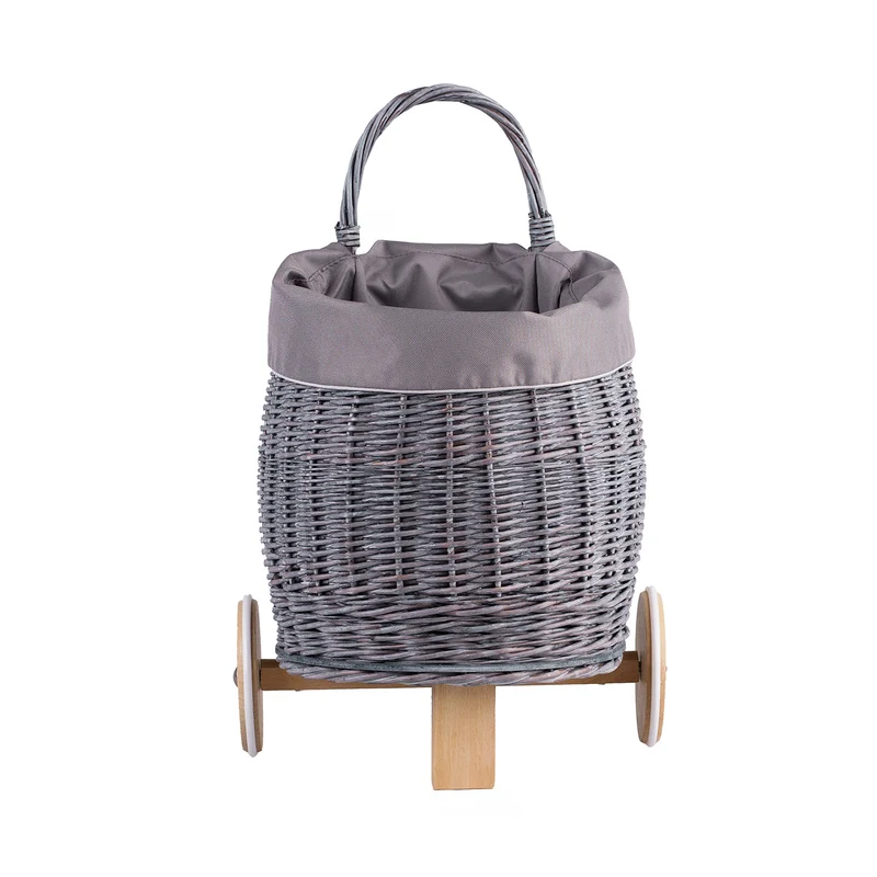 Luke wicker push walker for children with gray trim, with handle and wooden wheels TheWickerStories