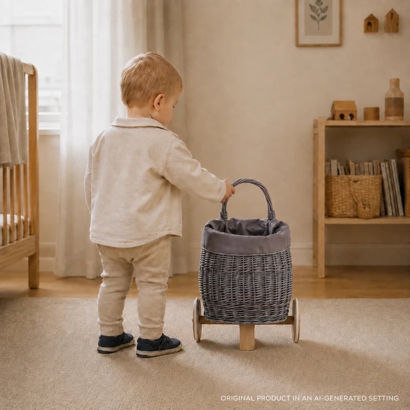 Luke wicker push walker for children with gray trim, with handle and wooden wheels TheWickerStories