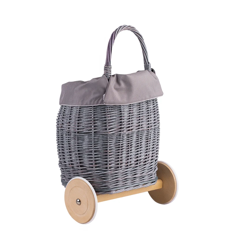 Luke wicker push walker for children with gray trim, with handle and wooden wheels TheWickerStories