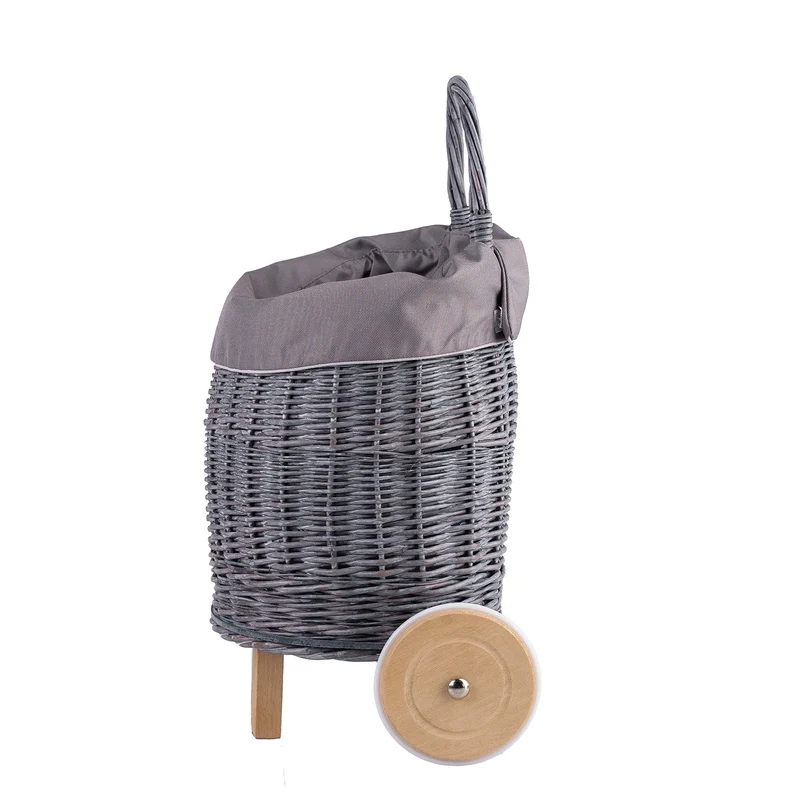 Luke wicker push walker for children with gray trim, with handle and wooden wheels TheWickerStories